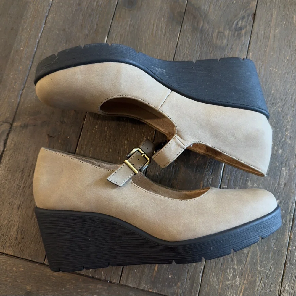 Adore Taupe Mary Jane Wedges with Black Platform
